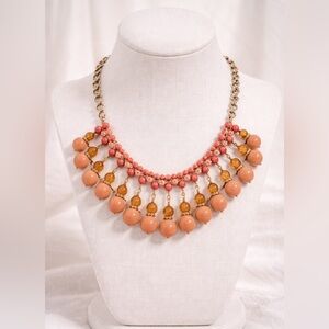J Crew Coral Peach Statement Bib Necklace Gold Tone Beaded Fringe